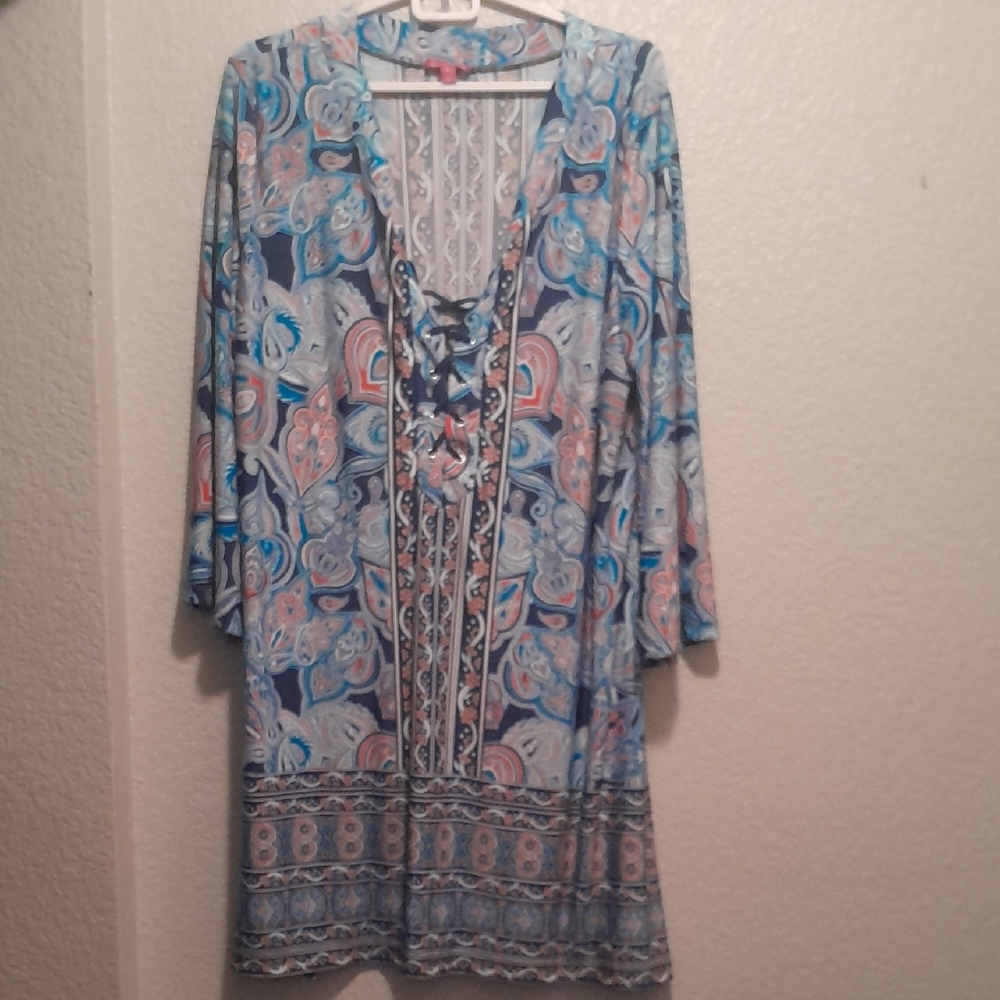 Orange and Blue Scoop Neck Midi Sundress